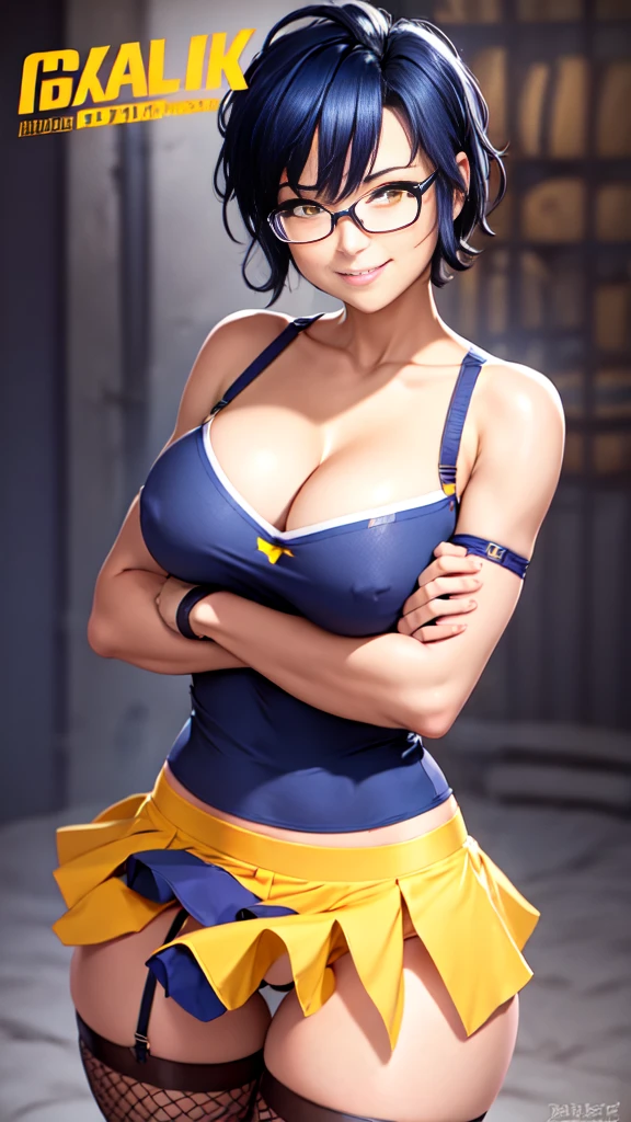 8k, older girl, short dark blue hair, yellow eyes, medium breast, ahoge, rectangular glasses, streaky hair, dutch angle, strapless skirt, microskirt, sluty, no shirt, only bra, simple white background, seductive smile, arms crossed over his chest, torn fishnet stockings, mogudan, perfect figure