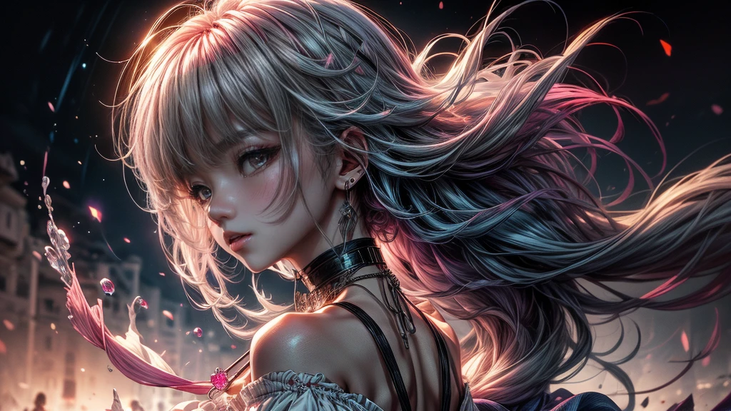 8k wallpaper，tmasterpiece，cinmatic lighting，top Quority，illustratio，Dramatic angles，（（a color：1.1）），（（Colored inner hair：1.4））， 1girll， solo， long whitr hair， SakuraNS， Pink eyes， Cross necklace， parted lip， a white choker， liquid hair， Pink gray hair， By bangs， By bangs， From the side Side， contours， The upper part of the body， blue hairs， simple backgound， pink back ground， exposed bare shoulders， sportrait， looking at viewert， white dresses， hairsbetweeneyes， colorfulhair， white backgrounid，jewely
