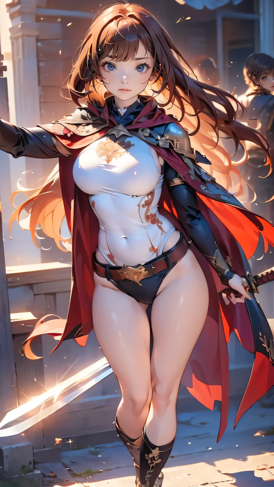 最high quality、best image quality、masterpiece、girl((20-year-old、 By becoming、vest bust、medium bust,wide open breast tea、shining eyes, neon hair、long hair、thin,highest valley、Black Hero Suit、Red Hero Mask、blue cloak、scream、full body tattoo,diamond earrings、Wristband、necklace,dual sword style)),high quality、beautiful art、background((night、red thunder、storm、gust of wind、tornado))、Flight、debris flies、Depth of written boundary、movie、visual art、perfect art、8k,genuine、