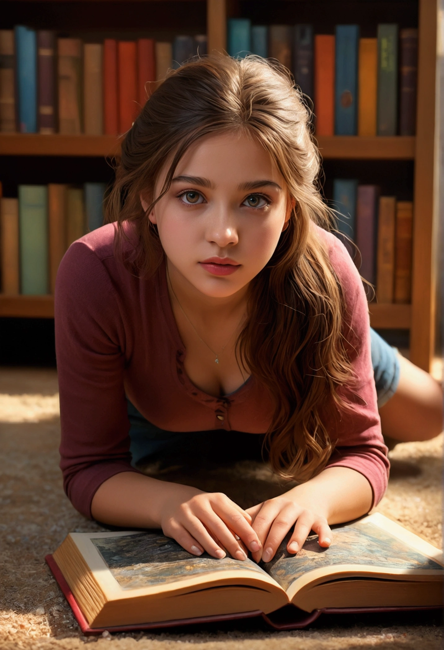 Create a hyper-realistic full body picture of a young teen 12 year old, small natural breast, with wavy brown hair, wearing round glasses and a white pantyhose without underwear. The woman has a fair complexion with subtle freckles, and her hair is partially tied back with a delicate headband. She is looking over her shoulder with a calm, she is seating while spreading legs towards camera, childish, very skinny, thoughtful expression showing her pussy. The background features a richly decorated library with wooden bookshelves filled with books, some with gilded spines, and a warm, ambient light. There is also a brass lamp with intricate details on the desk beside her. The overall atmosphere should be cozy and intellectual, with a focus on capturing the fine details and textures in both the woman's appearance and the library setting.