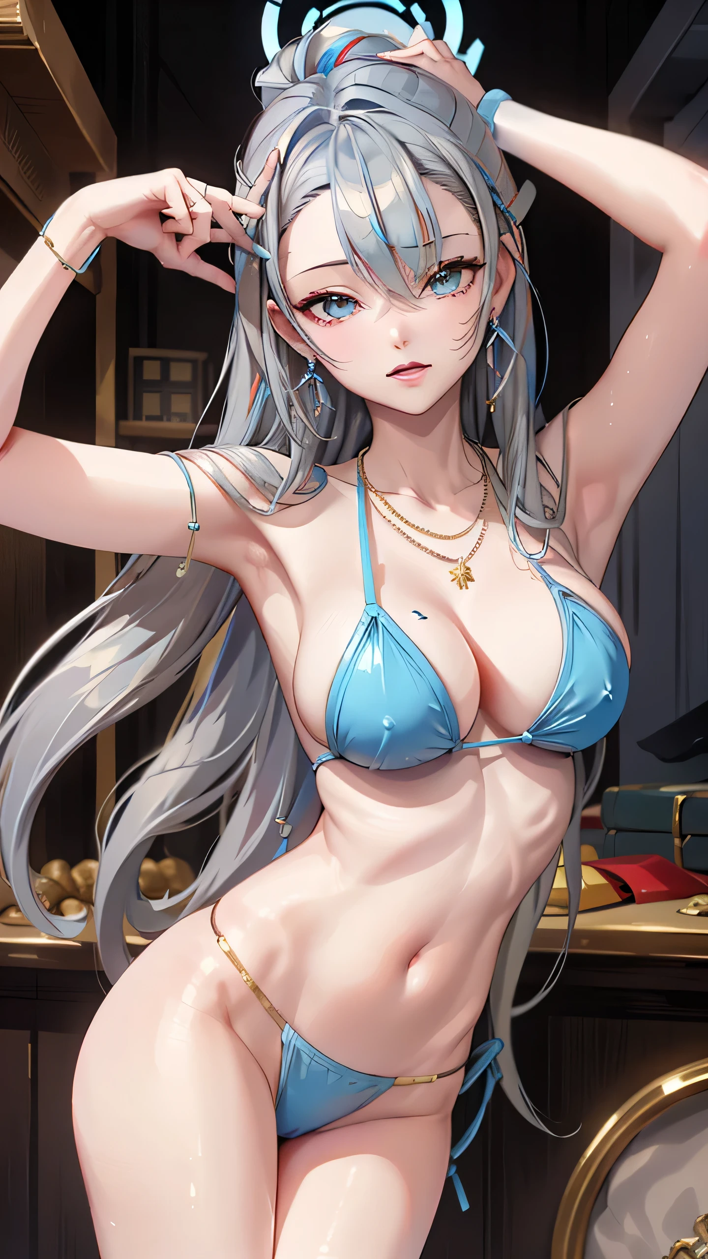 ((((masterpiece)))), high quality, very_high_resolution, large_filesize, full color, asuna_(blue_archive), bikini, gold eyes, rainbow hair, silver bracelet, Cuban link necklace, cute, adorable, beautiful, high contrast, colorful, 5 fingers, slim body, jewelry, long hair, pony tail, hoop gold earrings,