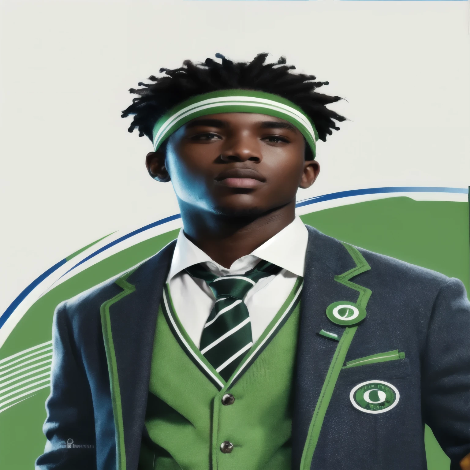 African male university with short dreads and a gym headband, wearing a university uniform with a dark green/grey-ish suit jacket with green elements and a green suit vest, a white shirt and a brownish tie.