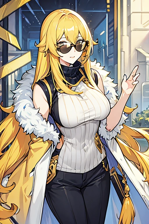 tall woman, long yellow hair, blue eyes, Sunglasses, fur coat, Sleeveless turtleneck sweater