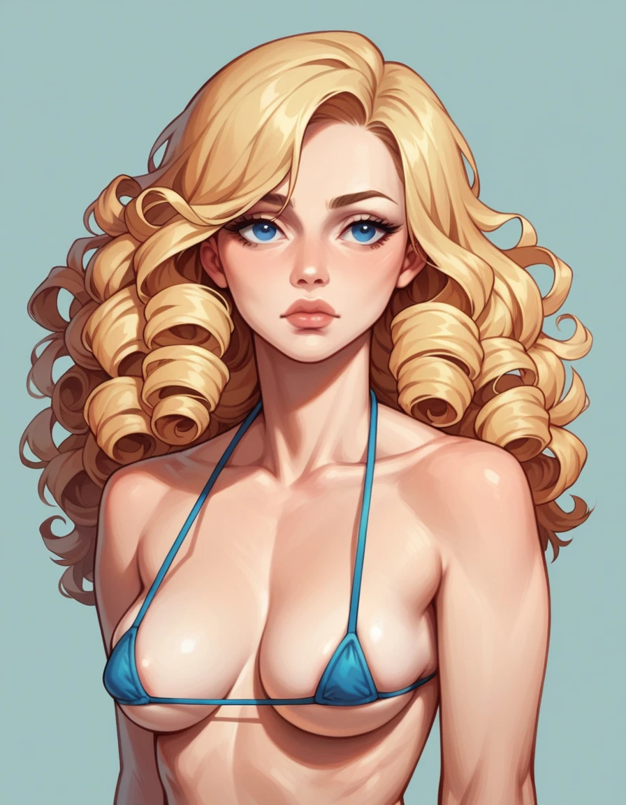 masterpiece, best quality, 1girl sexy,  blonde hair, long curly hair, inverted bob, thick lips, blue eyes,  closed mouth, micro bikini 