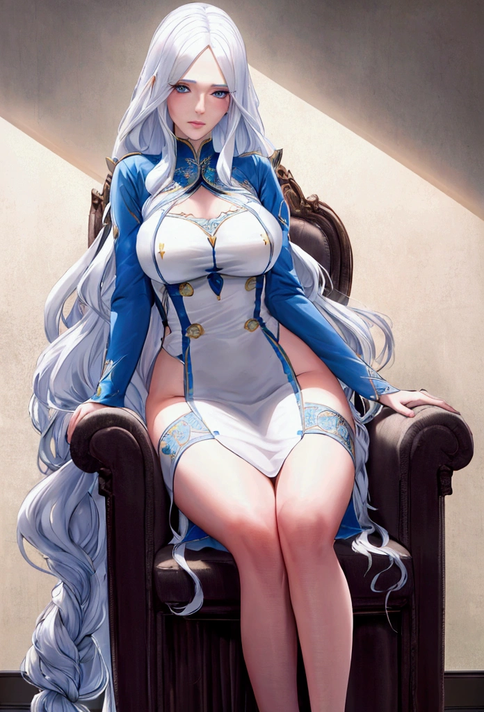 CRU, beautfull woman, (incredibly long hair, White hair, Wavy hair, blue colored eyes), in the office, while sitting in an armchair, beautiful and graceful dress, rosto gentil, adult face, mature face, 25 year old female (whole body:1.3), (work of art) (perfect proportion)(photo realist)(best qualityer) (detailded) (8k) (HDR) (wall-paper) (cinematic lighting) (sharp focus) (intrikate)