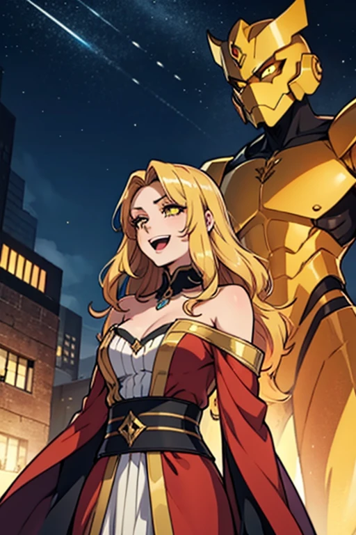 girl, Flowing golden blonde hair, Yellow Eyes, Golden Imperial Costume, Neckline, anime, In the background is a clear sky with sparkling lights, Dynamic Angle, Arrogant Laugh