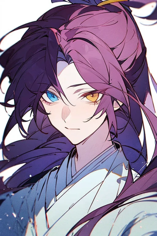 ((Best quality)), ((masterpiece)), (detailed), 1 guy, kimono, long purple hair, heterochromia