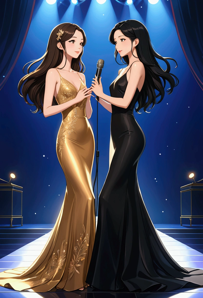 Name "ANILPIN WORLD PREMIERE
(#TheLoyalPinGalaPremiere)" in an elegant dynamic 3d golden font to an idyllic image of TWO beautiful women in Anime Illustration style, deeply in love. One with long, straight brown hair, delicate British features, dressed in a beautiful, long, elegant, tight, floor-length black dress, and the other is Asian, with long, straight black hair, dressed in a tight, elegant, floor-length gold dress. They are on a stage singing together. They are radiant and happy. illustration, 3d render, photography, realistic, anime, photography. , poster, fashion, portrait photography