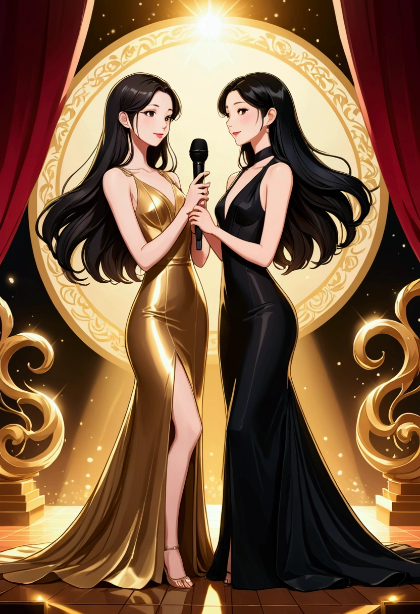 TWO beautiful women in Anime Illustration style, deeply in love. One with long, straight brown hair, delicate British features, dressed in a beautiful, long, elegant, tight, floor-length black dress, and the other is Asian, with long, straight black hair, dressed in a tight, elegant, floor-length gold dress. They are on a stage singing together. They are radiant and happy. illustration, 3d render, photography, realistic, anime, photography. , poster, fashion, portrait photography