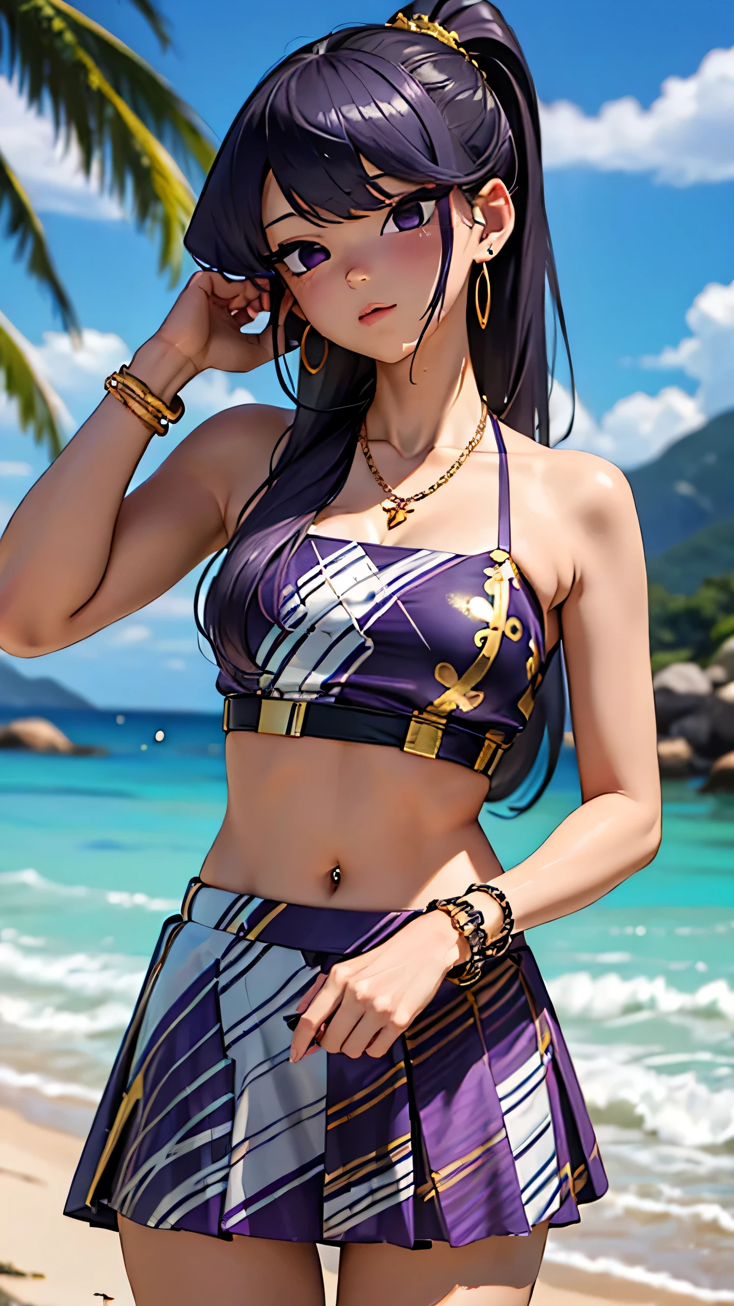 ((((masterpiece)))), high quality, very_high_resolution, large_filesize, full color, Komi Shouko, bikini, purple eyes, rainbow hair, silver bracelet, Cuban link necklace, cute, adorable, beautiful, high contrast, colorful, 5 fingers, slim body, jewelry, long hair, pony tail, hoop gold earrings,