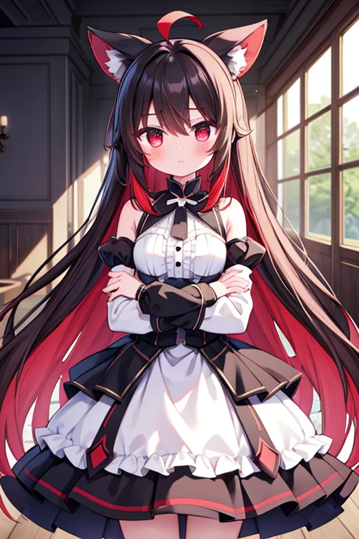 eris greyrat, 1 girl, standing alone, long hair, Ahoge, Eyes red, Red hair, bared shoulders,hair elastic, crossed arms,blush, overskirt, black hair elastic, breastsout, detached sleeves,bangss, hair between the eyes, long sleeves, hair flaps, cloused mouth, black overskirt, brown overskirt, chemise, crossed bangss, very long hair, white chemise,biwm,pointing at self,yelling,Jumpy,