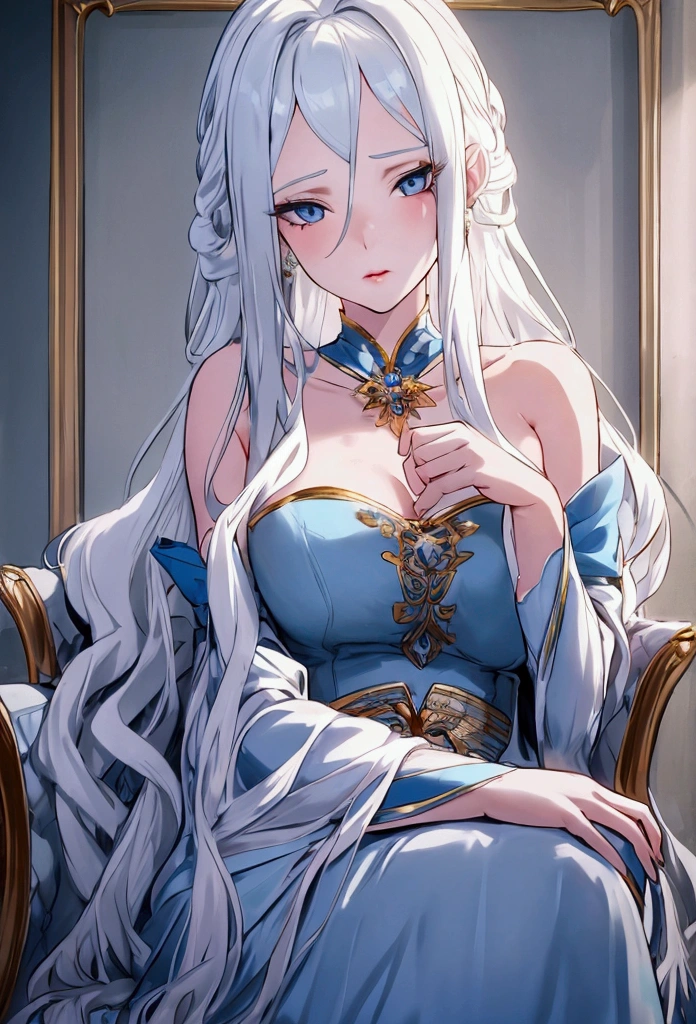 ((best quality)) ((artwork)) Appearance Details Species: Age: 20 Woman Hair: Platinum blonde, quite long and abundant Eyes: Blue Body: 5'5", light skin, lean and curvy Face: Young, beautiful, delicate features and full lips Features: Light pink lipstick Clothing: Simple white, sleeveless robe Pose: Sitting on a sofa with an elegant pose. Landscape: nordic palace.