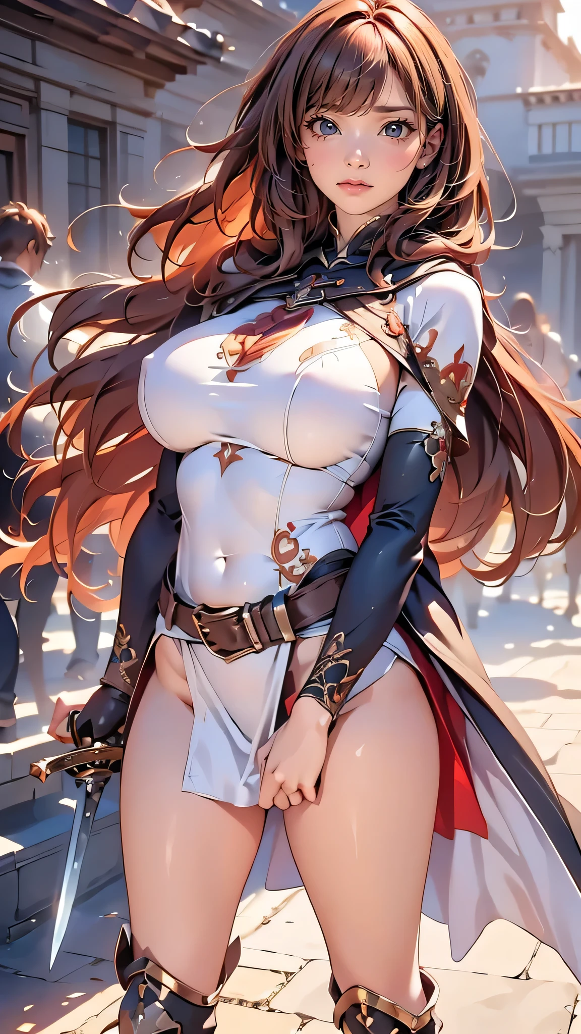 (looking at viewer:2),(1girl,full body,trained abdominal muscles,beautiful breasts,(gigantic breasts),pale skin,(pointy breasts:1.2),erect nipples,sweat,(have a long sword:1.2)),((clothed:1.2),leather boots,(carbon waist-cape armor:1.5),belt sword,(embroidered rash guard:1.5),(long silk sarong:1.2))),(((photo realistic:1.2),high resolution,best quality,masterpiece)),((extra long hair:1.5),hair blowing in the wind,blunt bangs,(extra light coppery red hair,highlight color),hair over one eye),(face forward:1.5,(prepare a sword:1.5),stand with legs apart),(sunlight:1.5)