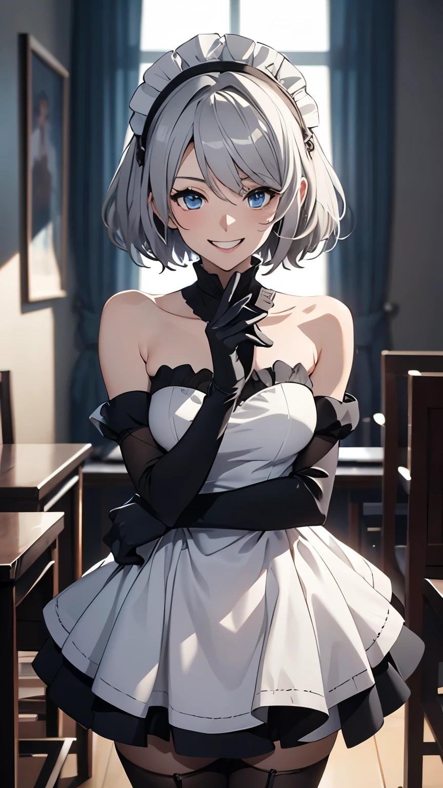 Tabletop　High resolution　Best image quality　8k　 Adult female　Anime Style　black long gloves(Elbow Gloves)　White maid outfit（Strapless）stockings　short hair（（Shortcuts）（Gray Hair）（Perm）（fluffy））　blue eyes　Attractive face（（Laughter）（smile）（Open your mouth））　Are standing　wave hands