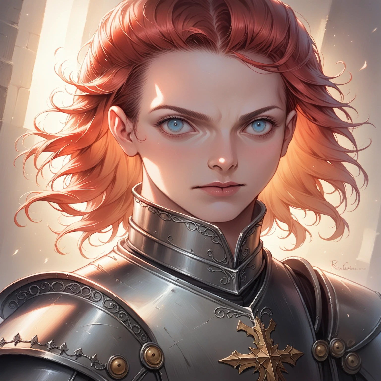 a girl with scarlet hair, azure eyes, wearing a medieval knight's armor, posing heroically, detailed portrait, realistic, photorealistic, 8k, ultra-detailed, masterpiece, oil painting, dramatic lighting, cinematic, atmospheric, french renaissance, chiaroscuro, rich colors, dramatic shadows