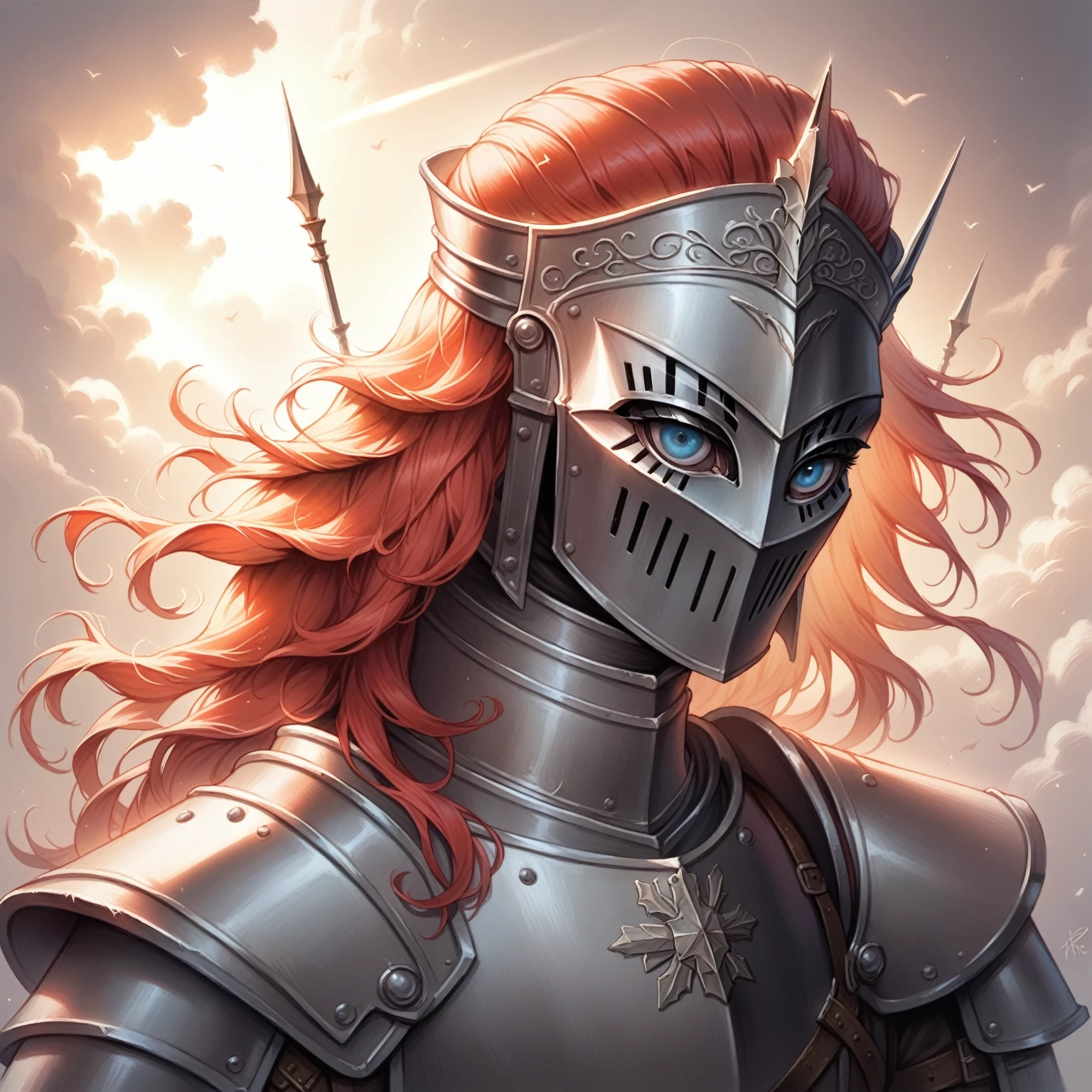 a girl with scarlet hair, azure eyes, wearing a medieval knight's armor, posing heroically, detailed portrait, realistic, photorealistic, 8k, ultra-detailed, masterpiece, oil painting, dramatic lighting, cinematic, atmospheric, french renaissance, chiaroscuro, rich colors, dramatic shadows