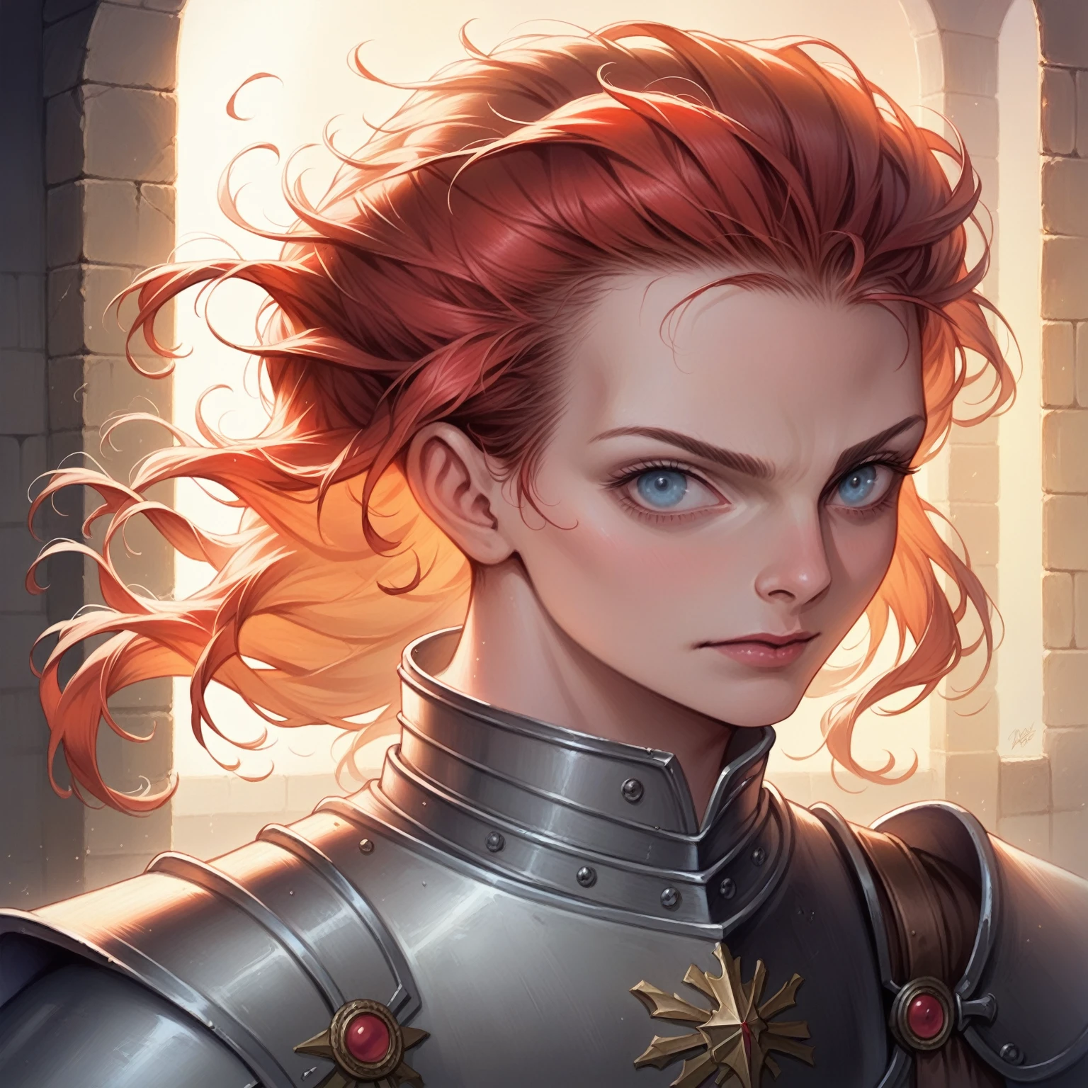 a girl with scarlet hair, azure eyes, wearing a medieval knight's armor, posing heroically, detailed portrait, realistic, photorealistic, 8k, ultra-detailed, masterpiece, oil painting, dramatic lighting, cinematic, atmospheric, french renaissance, chiaroscuro, rich colors, dramatic shadows
