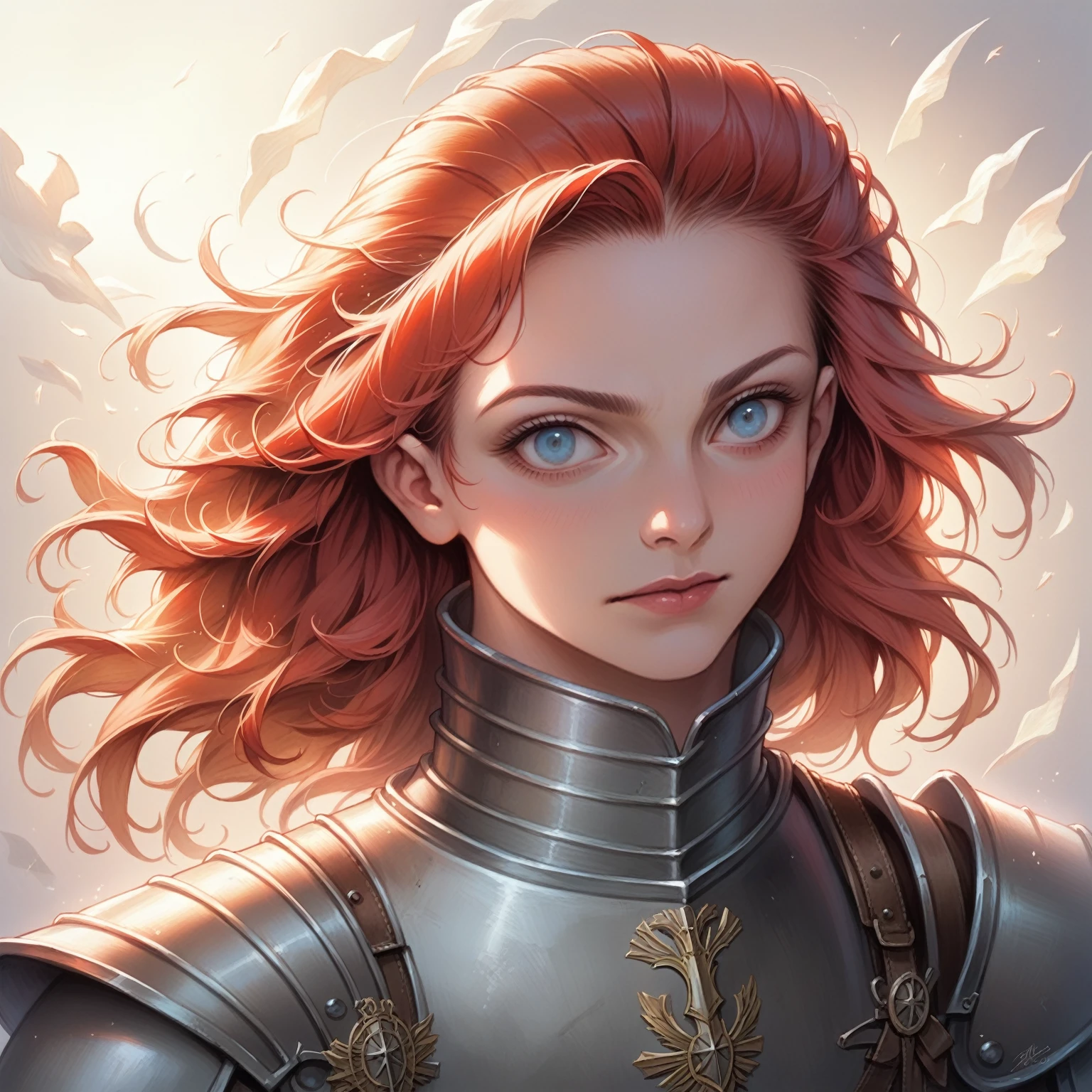 a girl with scarlet hair, azure eyes, wearing a medieval knight's armor, posing heroically, detailed portrait, realistic, photorealistic, 8k, ultra-detailed, masterpiece, oil painting, dramatic lighting, cinematic, atmospheric, french renaissance, chiaroscuro, rich colors, dramatic shadows