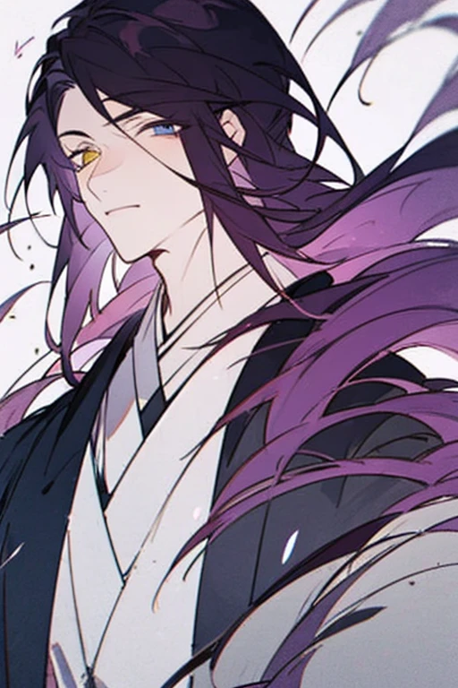 ((Best quality)), ((masterpiece)), (detailed), 1 guy, kimono, long purple hair, heterochromia