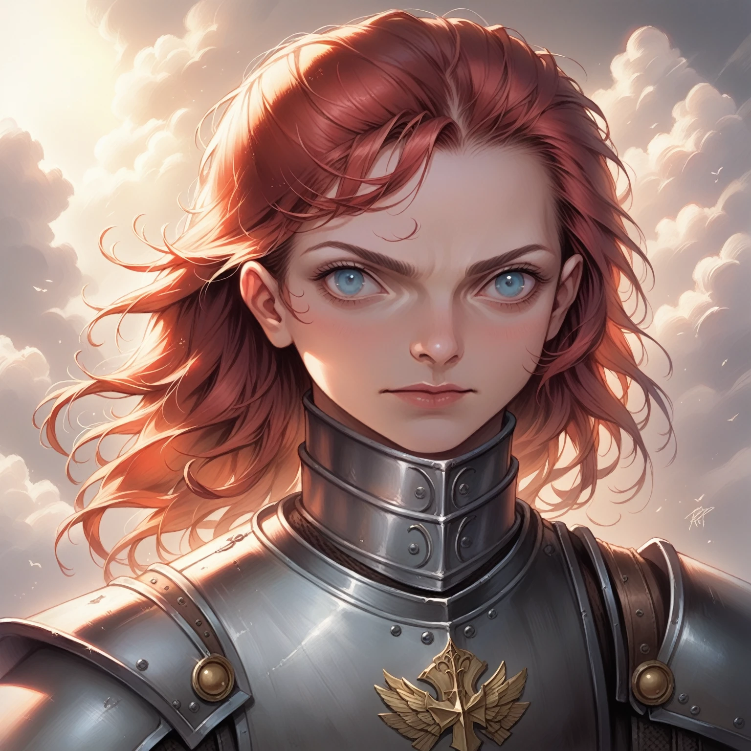 a girl with scarlet hair, azure eyes, wearing a medieval knight's armor, posing heroically, detailed portrait, realistic, photorealistic, 8k, ultra-detailed, masterpiece, oil painting, dramatic lighting, cinematic, atmospheric, french renaissance, chiaroscuro, rich colors, dramatic shadows