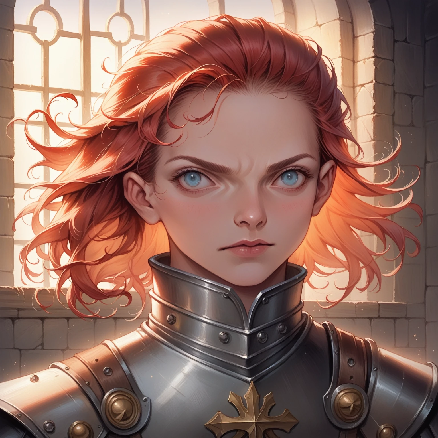 a girl with scarlet hair, azure eyes, wearing a medieval knight's armor, posing heroically, detailed portrait, realistic, photorealistic, 8k, ultra-detailed, masterpiece, oil painting, dramatic lighting, cinematic, atmospheric, french renaissance, chiaroscuro, rich colors, dramatic shadows
