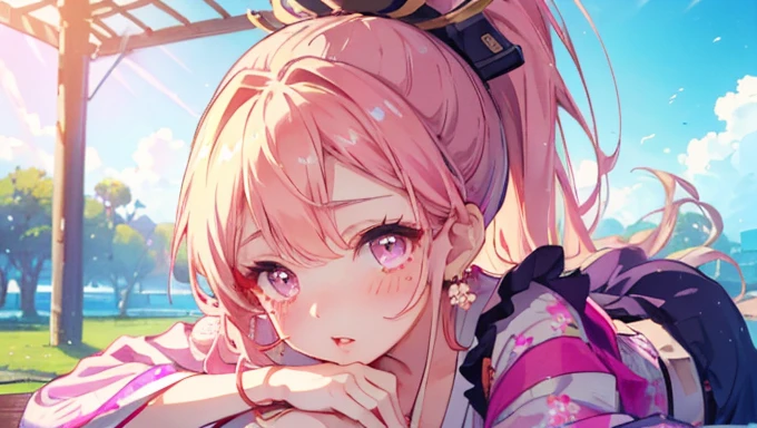 ((masterpiece、Highest quality、Very detailed))、One Girl、Face close-up、blonde、Long Hair、((ponytail))、bright pink eyes、Earrings、blush、Watery eye、((Pink Lips))、((Open your mouth))、Mid-chest、((yukata))、((Upper Body))、Festivals、firework、Girl in Love、