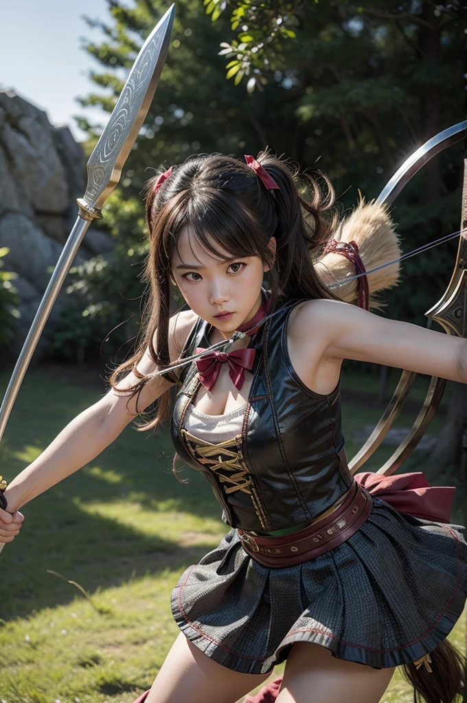 Archer、Fantasy、girl、mini skirt、hunter、Bow and Arrow、Huge Weapons、Battle Axe