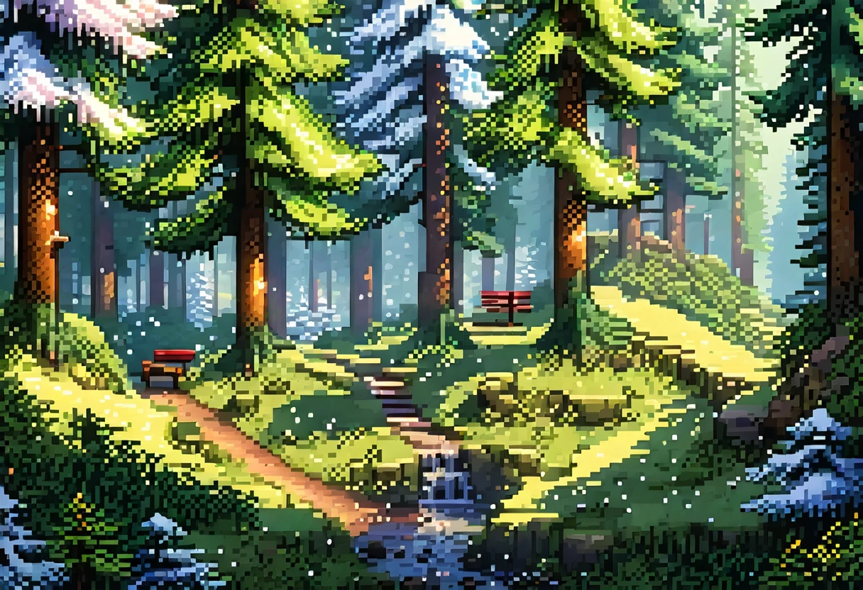 sharp pixels, small pixels, gibli, landscape natural, landscape, High resolution, tall pines, spring, high contrast, bright day, A little bit of snow, birds in the background, park, pixel art, Ghibli-like colors, in mailbox, 16k, 8k, High resolution, High details, high quality, awarded, necessary, masterpiece, HD