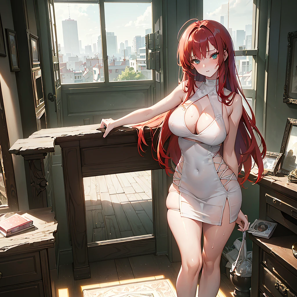 (masterpiece, High resolution:1.3), (beautiful, seductive redhead girl, messy length making her look attractive and almost long messy bangs falling on her beautiful face, with an impeccable, irresistible body, big breasts, And thick, shapely legs, en una room blanca, open window showing buildings, strappy fitted dress, marking your curves., athletic figure:1.2), (her sensual, seductive warm opaque green look, locked in the viewer, just getting up), ( Primary atmosphere that increases sexual tension.:1.2), (The warmth, humid air, causing a thin layer of sweat to shine on the girl's skin, as he moves with grace and determination through the undergrowth, His every move exudes confidence., strength, and raw, animal magnetism:1.2), (an image that captures the essence of desire, Temptation, and the irresistible attractiveness of a woman who knows how to use her body to drive men crazy.:1.3), (ultra photorealistic, highlighting the fine details of the girl's outfit, His facial features, and the surrounding jungle, as well as the delicate curves and contours of her body., partially revealed by her tight, Camouflage clothing:1.3), (an image that transports viewers to the heart of an exciting, room, where you can experience the excitement and enthusiasm of meeting the seductive blonde girl.:1.2), (una escena que encarna la fusión de la room, sensuality, and the human form, celebrating the captivating beauty and magnetic presence of the girl:1.2), (lust:1.3), (4K cinematic quality:1.3), (((SFW)))