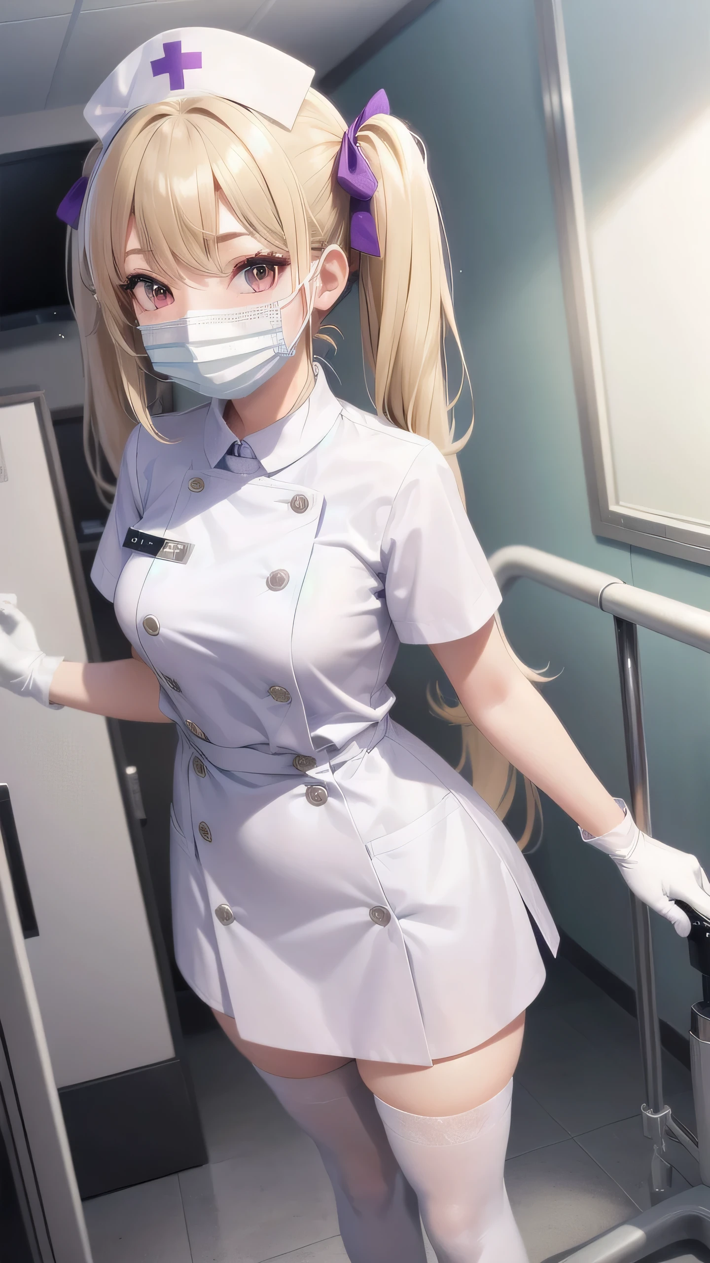 1girl, solo, nurse, nurse cap, white wear, ((white legwear, zettai ryouiki)), white gloves, twintails, yellow hair, purple eyes, ((white surgical mask, covered nose)), standing, ((hospital room)), sharp outline, short sleeves, best quality, masterpiece