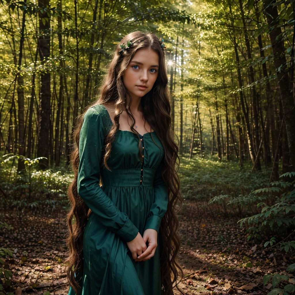 Description: A young girl with sparkling blue eyes and long, wavy brown hair. She wears a dark green dress adorned with flowers and gemstones.Background: She stands in the middle of a forest, surrounded by tall trees and fallen leaves, with a magical glow around her.