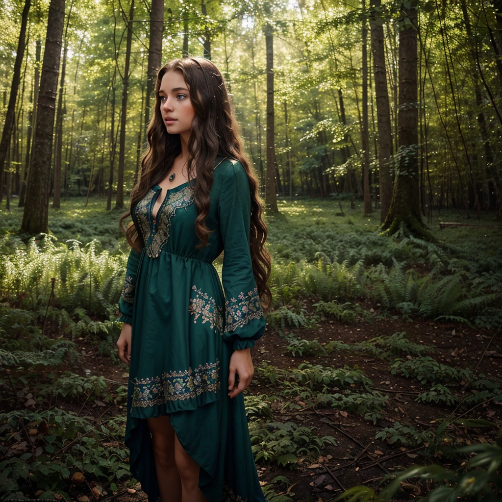 Description: A young girl with sparkling blue eyes and long, wavy brown hair. She wears a dark green dress adorned with flowers and gemstones.Background: She stands in the middle of a forest, surrounded by tall trees and fallen leaves, with a magical glow around her.