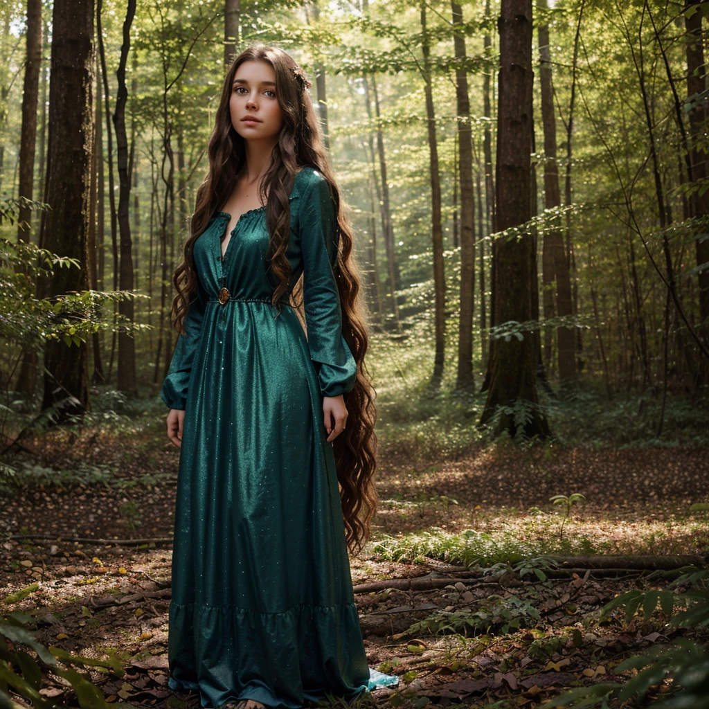 Description: A young girl with sparkling blue eyes and long, wavy brown hair. She wears a dark green dress adorned with flowers and gemstones.Background: She stands in the middle of a forest, surrounded by tall trees and fallen leaves, with a magical glow around her.