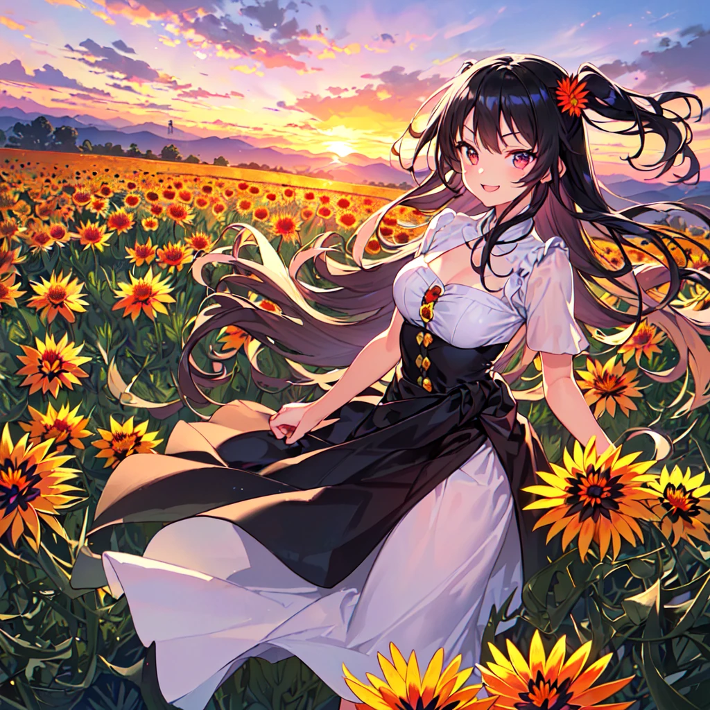 masterpiece, best quality, high quality, extremely detailed, very delicate and beautiful, (1 female 18 years old alone solo:1.5), (long black hair up to waist with two side up:1.5), bangs to eyebrows, eyes (eyes sharp, strong glossy glossy eyes, eyebrows glossy, (eye color magenta:1.3), 6.5 head height, (gazania flower print fashion:1.3), (smiling), (running:1.3), (dynamic pose), (background gazania flower field:1.3), ( sunset:1.3)