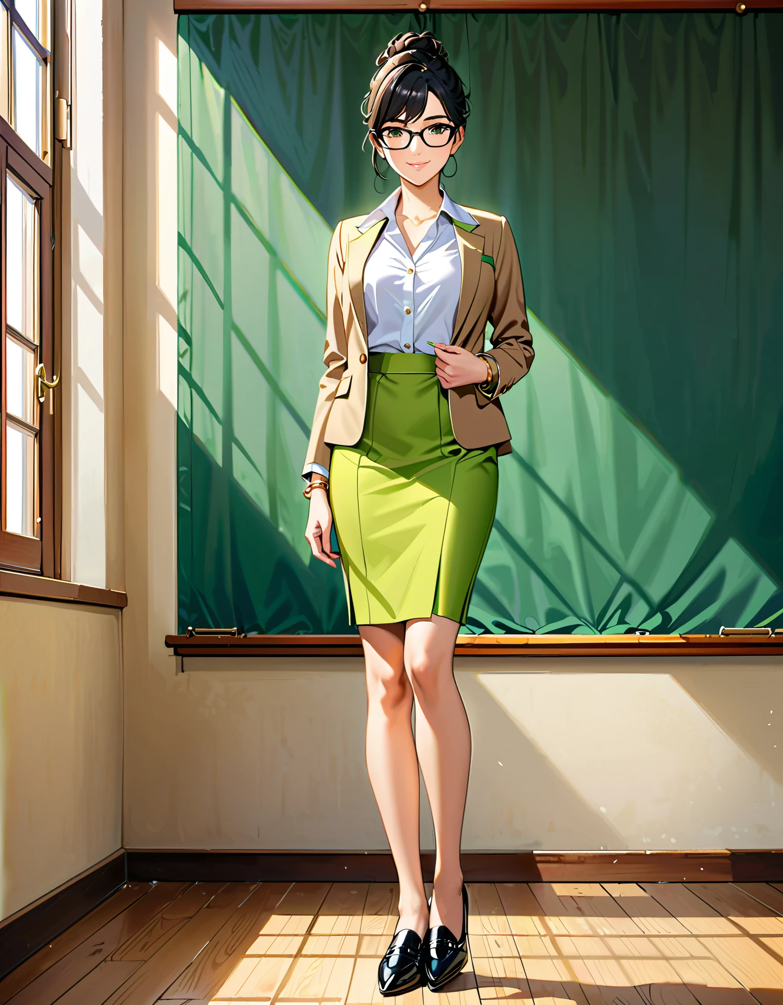 (masterpiece), (best quality), (hires), highly detailed, professional, 1lady, mature lady, tall body, jet black hair, short hair, tied up hair, green eyes, (glasses), (beautiful detailed eyes), beautiful detailed face, beige skirt suit, open jacket, white dress shirt, open collar, medium lime green pencil skirt, medium breasts, matching shoes, high school backdrop, indoors, daytime, (perfect hands, complete fingers), (gold bracelets), bare legs, solo, solo focus, standing, cowboy shot, full body shot, full body with costume, semi-realistic, friendly, warm lighting.
