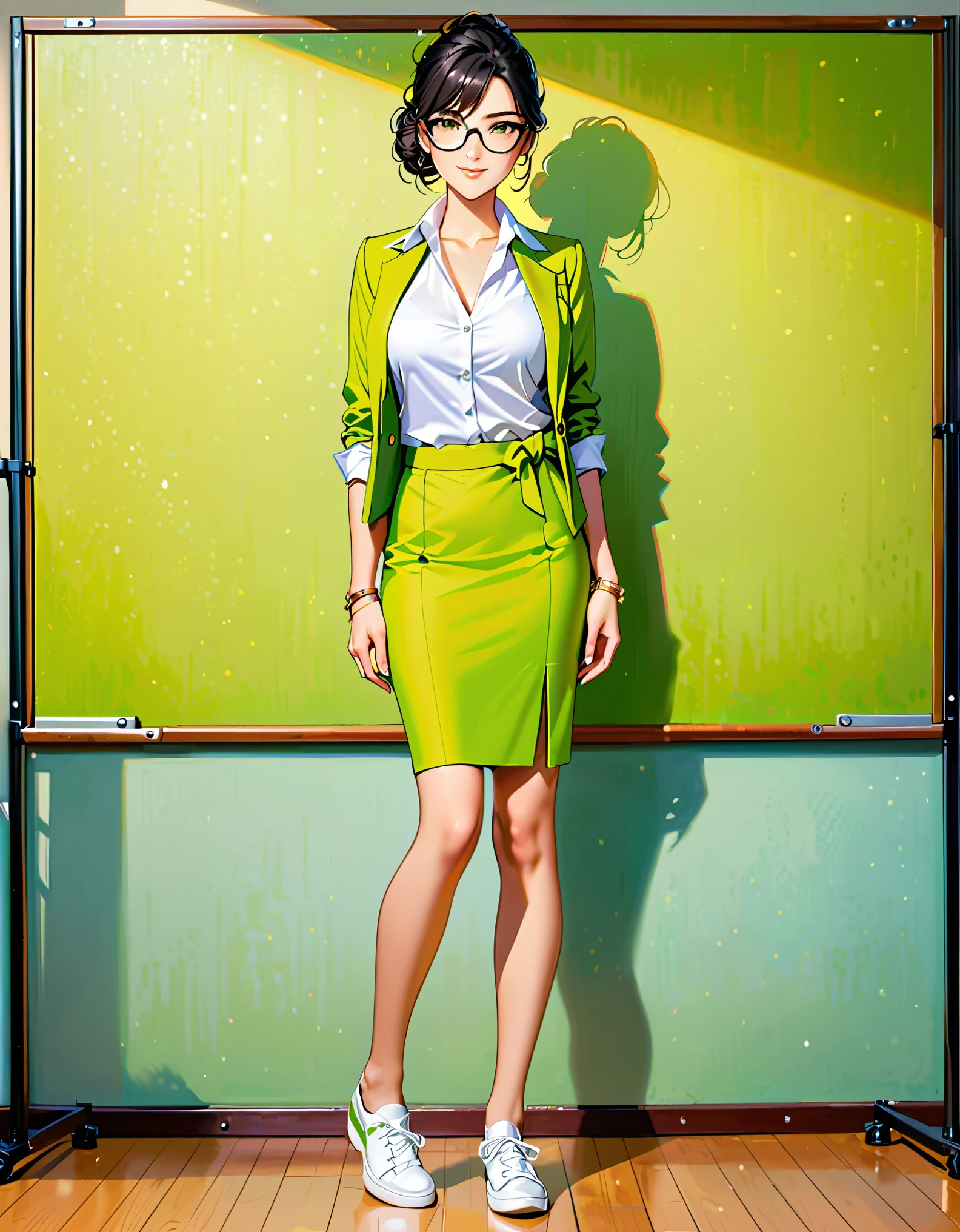 (masterpiece), (best quality), (hires), highly detailed, professional, 1lady, mature lady, tall body, jet black hair, short hair, tied up hair, green eyes, (glasses), (beautiful detailed eyes), beautiful detailed face, beige skirt suit, open jacket, white dress shirt, open collar, medium lime green pencil skirt, medium breasts, matching shoes, high school backdrop, indoors, daytime, (perfect hands, complete fingers), (gold bracelets), bare legs, solo, solo focus, standing, cowboy shot, full body shot, full body with costume, semi-realistic, friendly, warm lighting.