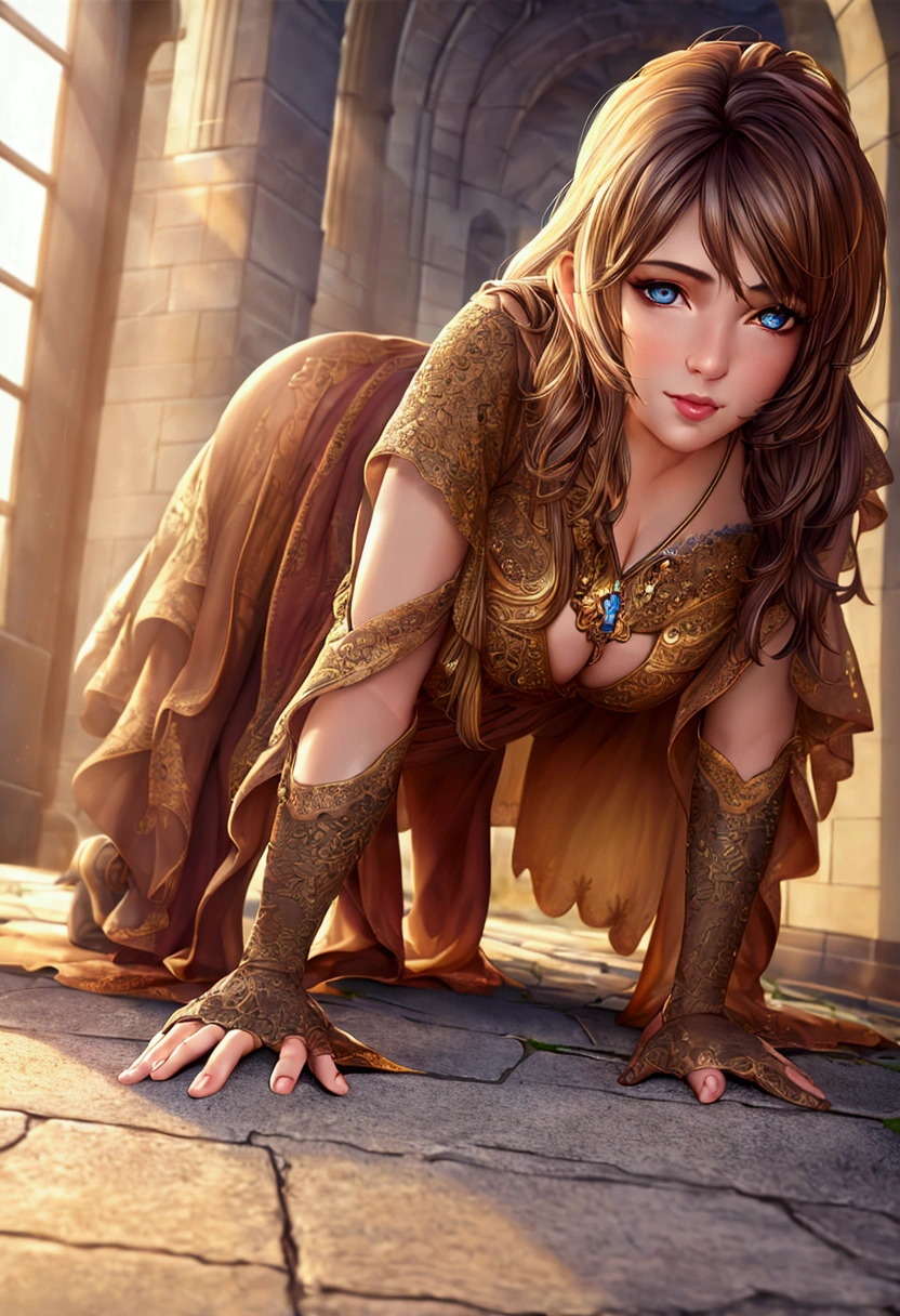 a girl on all fours collecting books from the ground, detailed face, beautiful eyes, detailed lips, highly detailed, masterpiece, 8k, ultra-detailed, realistic, photorealistic, photo-realistic, HDR, UHD, studio lighting, ultra-fine painting, sharp focus, physically-based rendering, extreme detail description, professional, vivid colors, bokeh, realistic lighting, natural lighting, warm colors, fantasy, magical realism