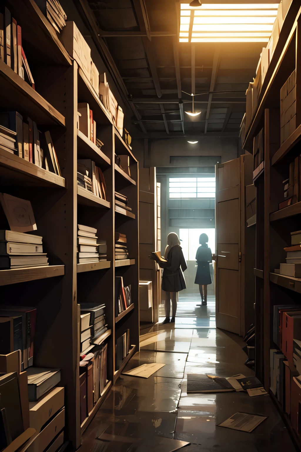 2 girls and 2 teenage men, reading a mysterious book in a forgotten storage, with a warm and gloomy light in the background and a little amazed