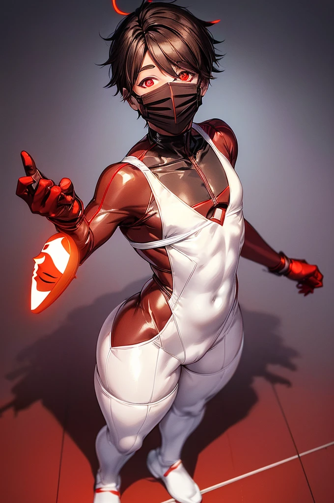 ((anime boy)), ((crossdresser)), (((1boy)))), (((solo))), ((((alone)))) medium dark brown hair, ((((fully enclosed smiling mask)))), (((faceless))), (((glowing red eyes))), ((((brown skin)))), wide hips, narrow waist, thick thighs, standing in a dark room, ((flat chest)), visible bulge, (((full body skin tight white and red suit)))