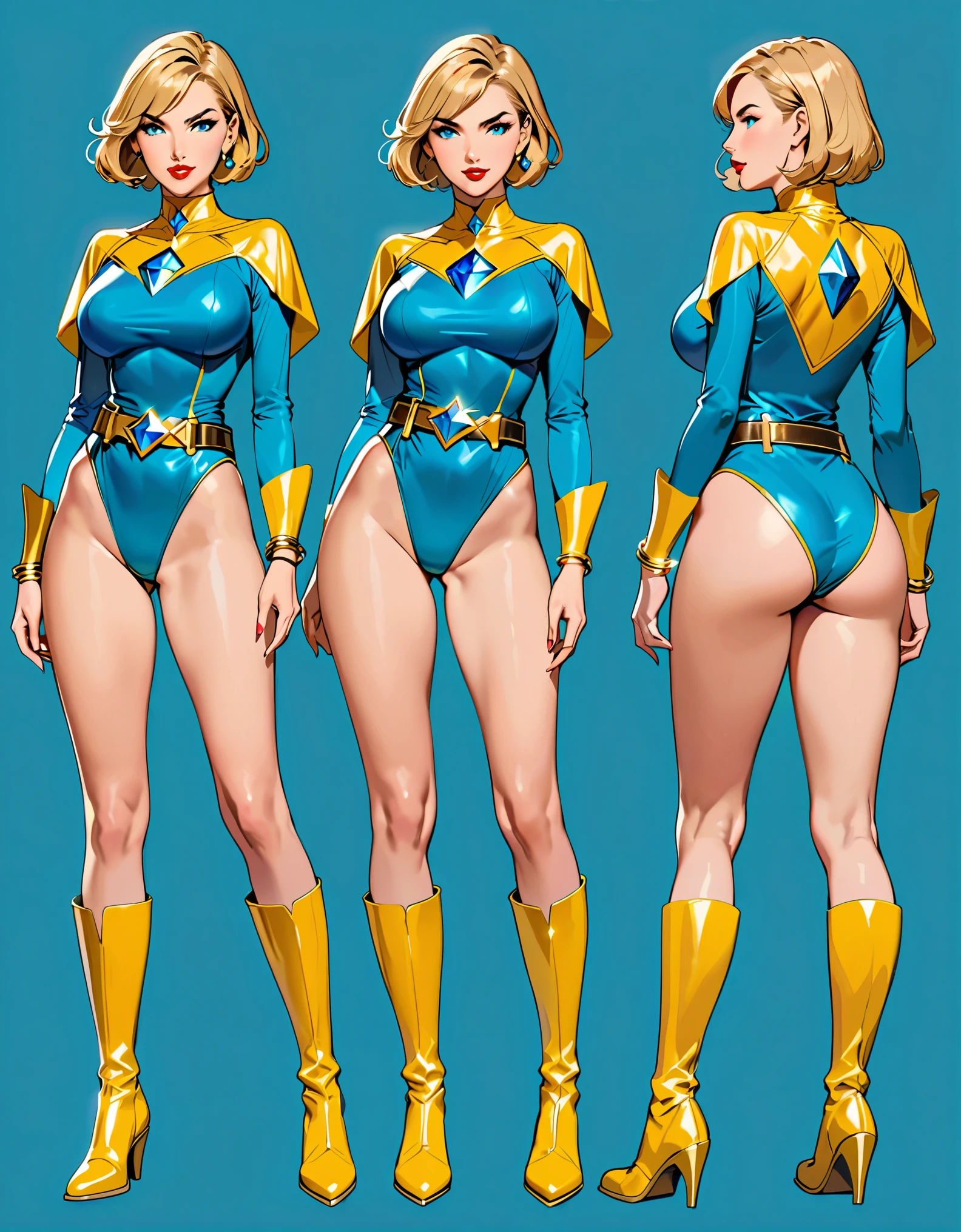 (masterpiece), (best quality), (hires), highly detailed, professional, 1lady, lady, tall body, (gold belt, tight belt), blonde hair, short hair, bob hair, blue eyes, beautiful detailed eyes, beautiful detailed face, (ankle-length boots, knee boots, yellow boots, yellow footwear), (large breastum breasts), (teyellow leotard, sleeves, long sleeves, tight sleeves, perfect fit), perfect hands, complete fingers, (gold bracelets), (bare legs), red lips, solo, solo focus, superhero, ((gold star symbol on chest)), ((blue diamond belt buckle)), full body shot, full body with costume, semi-realistic, serious. Simple background, Multiple Views, Character Sheet Full-Length.