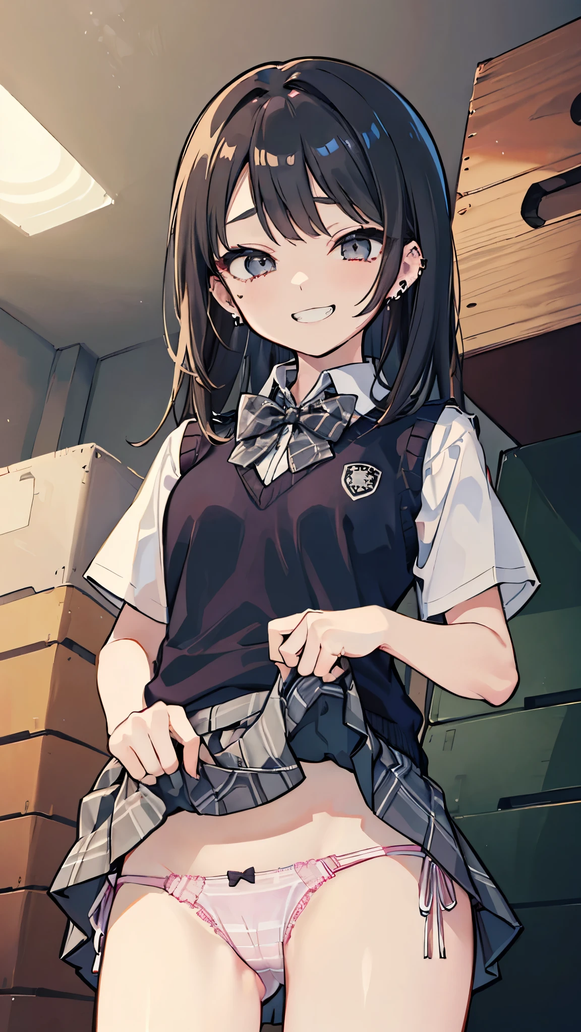 masterpiece、Highest quality、Very detailed))、One girl、Black Hair、Black Hair、Long Hair、Grey Eyes、evil smile、((Grin))、((lots of piercings))、((Small breasts))、((White collared shirt))、((A bow tie))、((gray sweater vest))、((gray plaid skirt))、((skirt lift))、((stripe panties))、Cowboy Shot、Looking down、Shoot from below、Gym storeroom