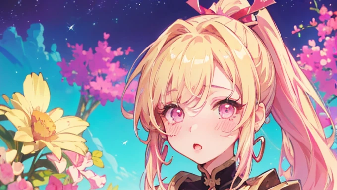 ((masterpiece、Highest quality、Very detailed))、One Girl、Face close-up、blonde、Long Hair、((ponytail))、bright pink eyes、Earrings、blush、Watery eye、((Pink Lips))、((Open your mouth))、Mid-chest、((Trendy clothing))、((Upper Body))、Festivals、firework、Girl in Love、