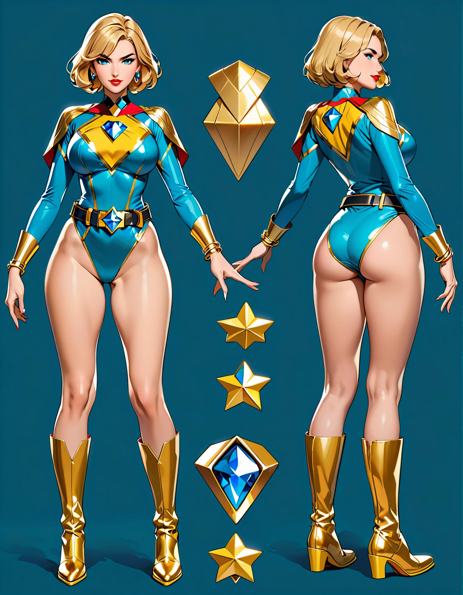 (masterpiece), (best quality), (hires), highly detailed, professional, 1lady, mature lady, tall body, (gold belt, tight belt), blonde hair, short hair, bob hair, blue eyes, beautiful detailed eyes, beautiful detailed face, (ankle-length boots, knee boots, yellow boots, yellow footwear), (large breasts, medium breasts), (teal and yellow leotard, sleeves, long sleeves, tight sleeves, perfect fit), perfect hands, complete fingers, (gold bracelets), (bare legs), red lips, solo, solo focus, superhero, ((gold star symbol on chest)), ((blue diamond belt buckle)), full body shot, full body with costume, semi-realistic, serious. Simple background, Multiple Views, Character Sheet Full-Length.
