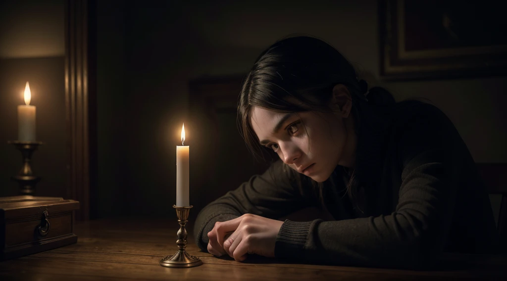 a young adult hunched over a table in a dark room,candlelight illuminating the scene,detailed facial features,deep shadows,mysterious box,intricate details,dramatic lighting,moody atmosphere,photorealistic,cinematic composition,chiaroscuro lighting,detailed textures,dramatic shadows,highly detailed