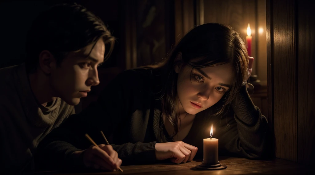 a young adult hunched over a table in a dark room,candlelight illuminating the scene,detailed facial features,deep shadows,mysterious box,intricate details,dramatic lighting,moody atmosphere,photorealistic,cinematic composition,chiaroscuro lighting,detailed textures,dramatic shadows,highly detailed