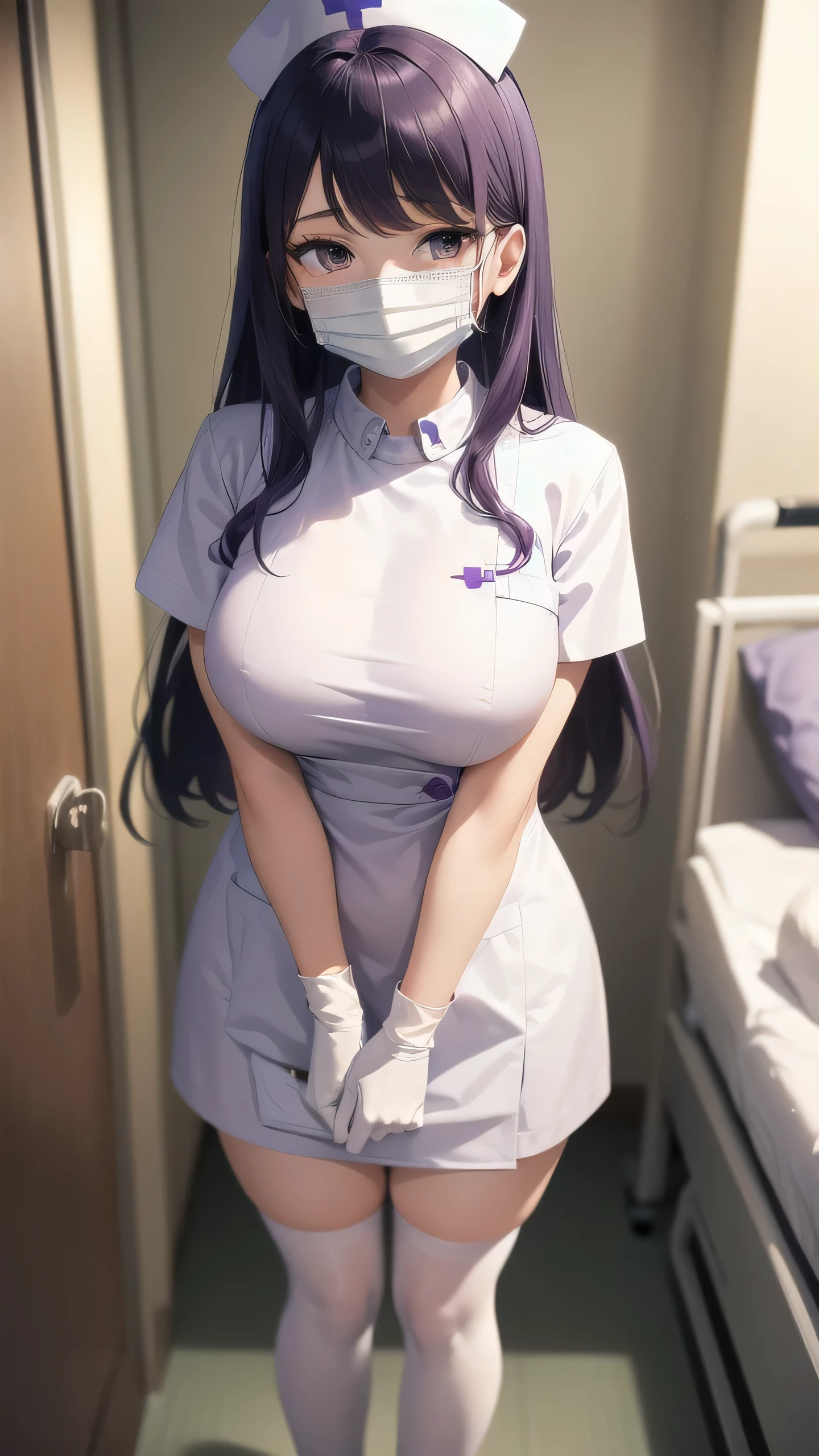 1girl, solo, nurse, nurse cap, white wear, ((white legwear, komi_shouko)), white gloves, long hair, purple hair, purple eyes, ((white surgical mask, covered nose)), standing, ((hospital room)), sharp outline, short sleeves, large breasts, best quality, masterpiece
