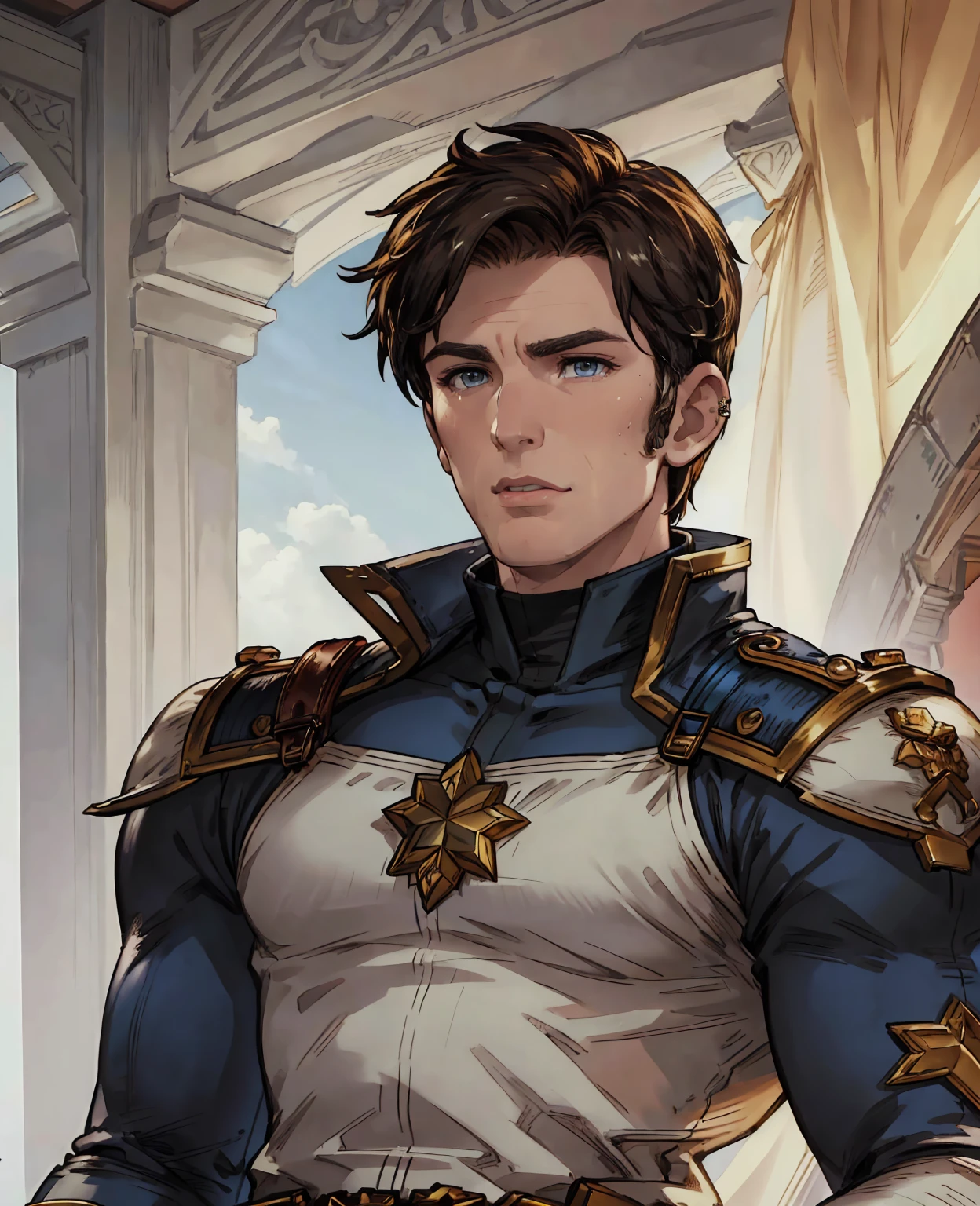 a detailed portrait of chris evans, handsome muscular man with short brown hair, piercing blue eyes, sharp jawline, wearing a regal military uniform with gold epaulets, standing tall and proud, (best quality,8k,highres,masterpiece:1.2),ultra-detailed,(realistic,photorealistic,photo-realistic:1.37),intricate fabric textures,dramatic lighting,cinematic composition,highly detailed face and body,military officer,duke,heroic,powerful,cinematic