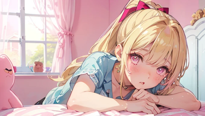 missionary, sex, vaginal, 1girl, 1boy, penis, lying, uncensored, spoken hearts, sakurai_momoka_theidolmastercinderellagirlsu149, blonde_hair, hairband, short_hair, green_eyes, bangs, bow, wavy_hair, :o, sad eyebrows