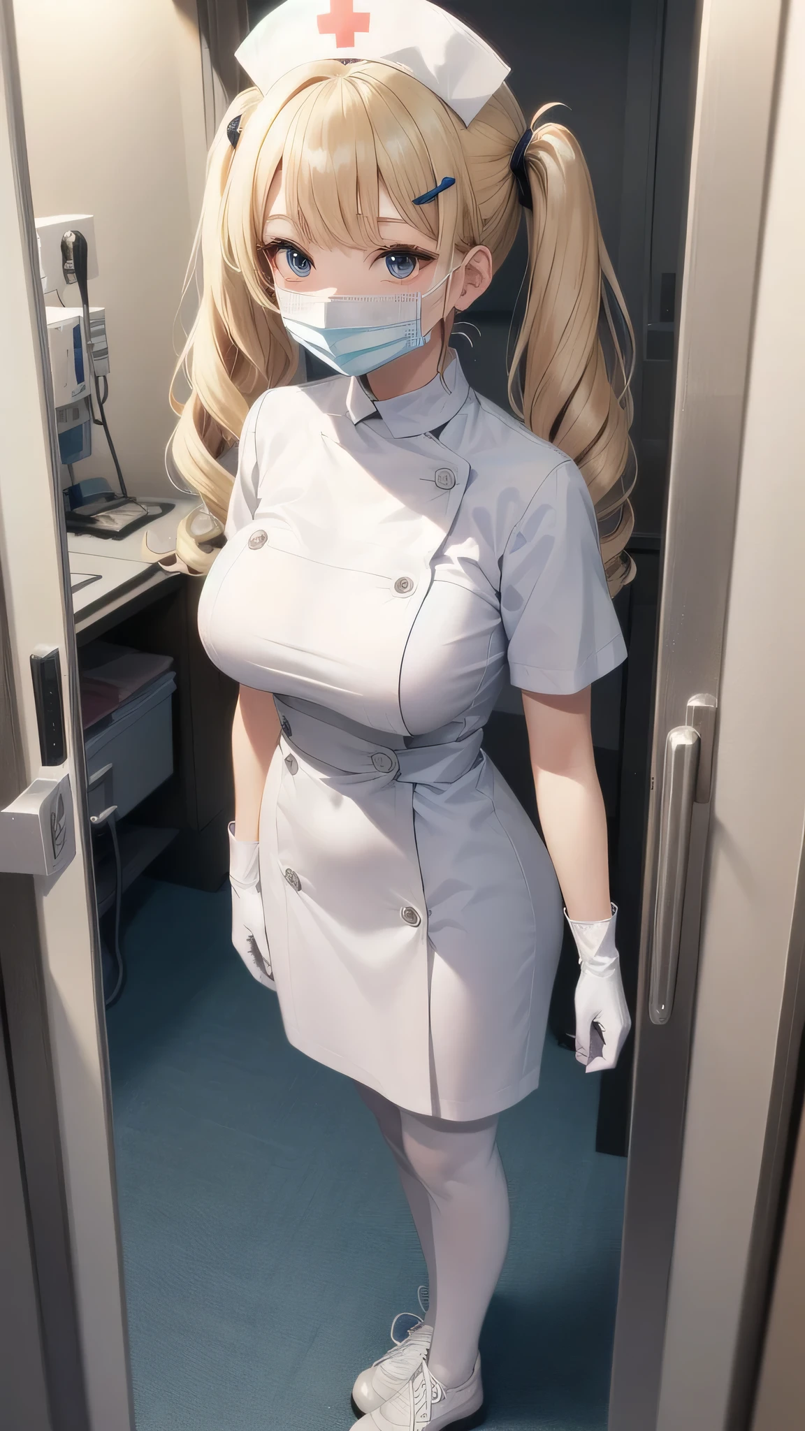 1girl, solo, nurse, nurse cap, white wear, ((white legwear, anne takanaki)), white gloves, twintails, blonde hair, hair ornament, hairclip, step bangs, wavy hair, blue eyes, ((white surgical mask, covered nose)), standing, ((hospital room)), sharp outline, short sleeves, large breasts, best quality, masterpiece