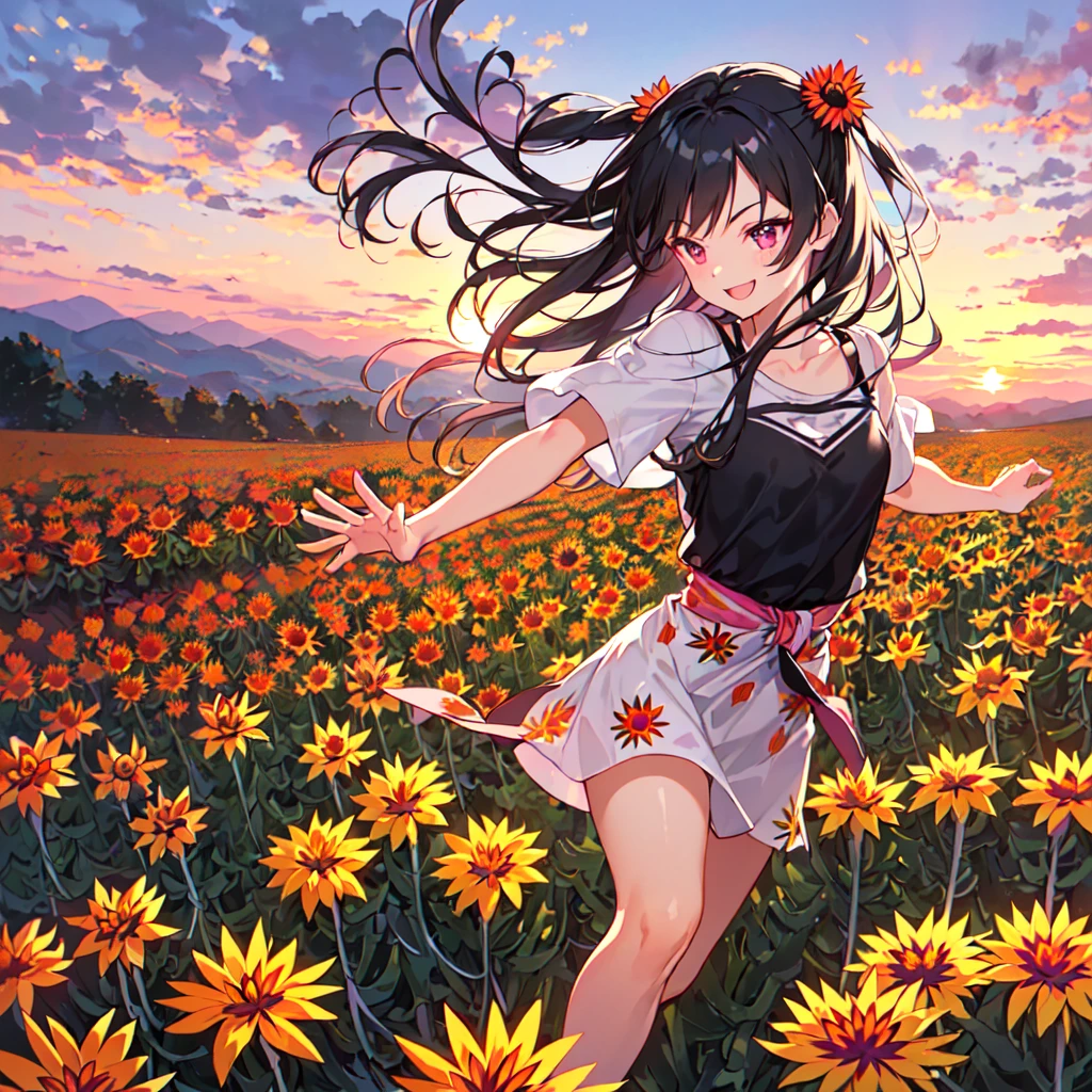 masterpiece, best quality, high quality, extremely detailed, very delicate and beautiful, (1 female 18 years old alone solo:1.5), (long black hair up to waist with two side up:1.5), bangs to eyebrows, eyes (eyes sharp, strong glossy glossy eyes, eyebrows glossy, (eye color magenta:1.3), 6.5 head height, (gazania flower print fashion:1.3), (smiling), (running:1.3), (dynamic pose), (background gazania flower field:1.3), ( sunset:1.3)
